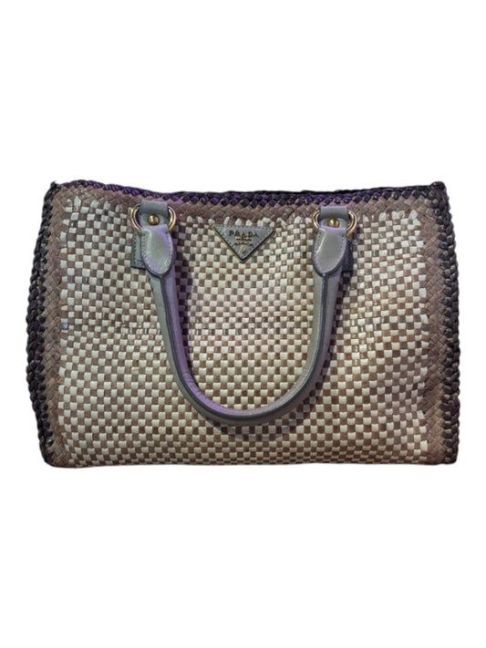 Posh Purse Co Prada Woven Madras Tote in beige and brown woven leather with grey handles and gold hardware.