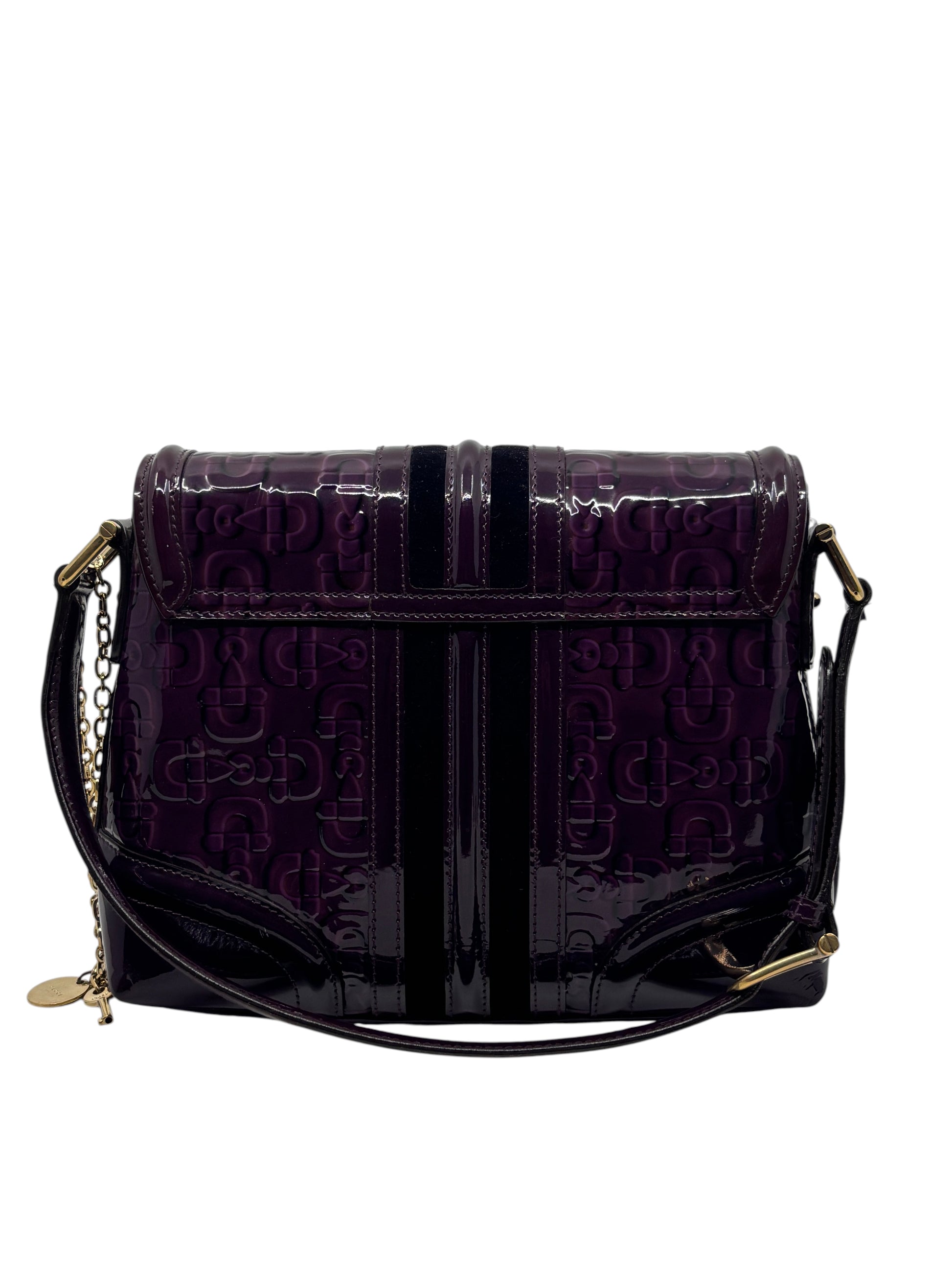 Posh Purse Co. purple patent leather Gucci Horsebit Treasure bag with embossed monogram and gold-tone chain strap.