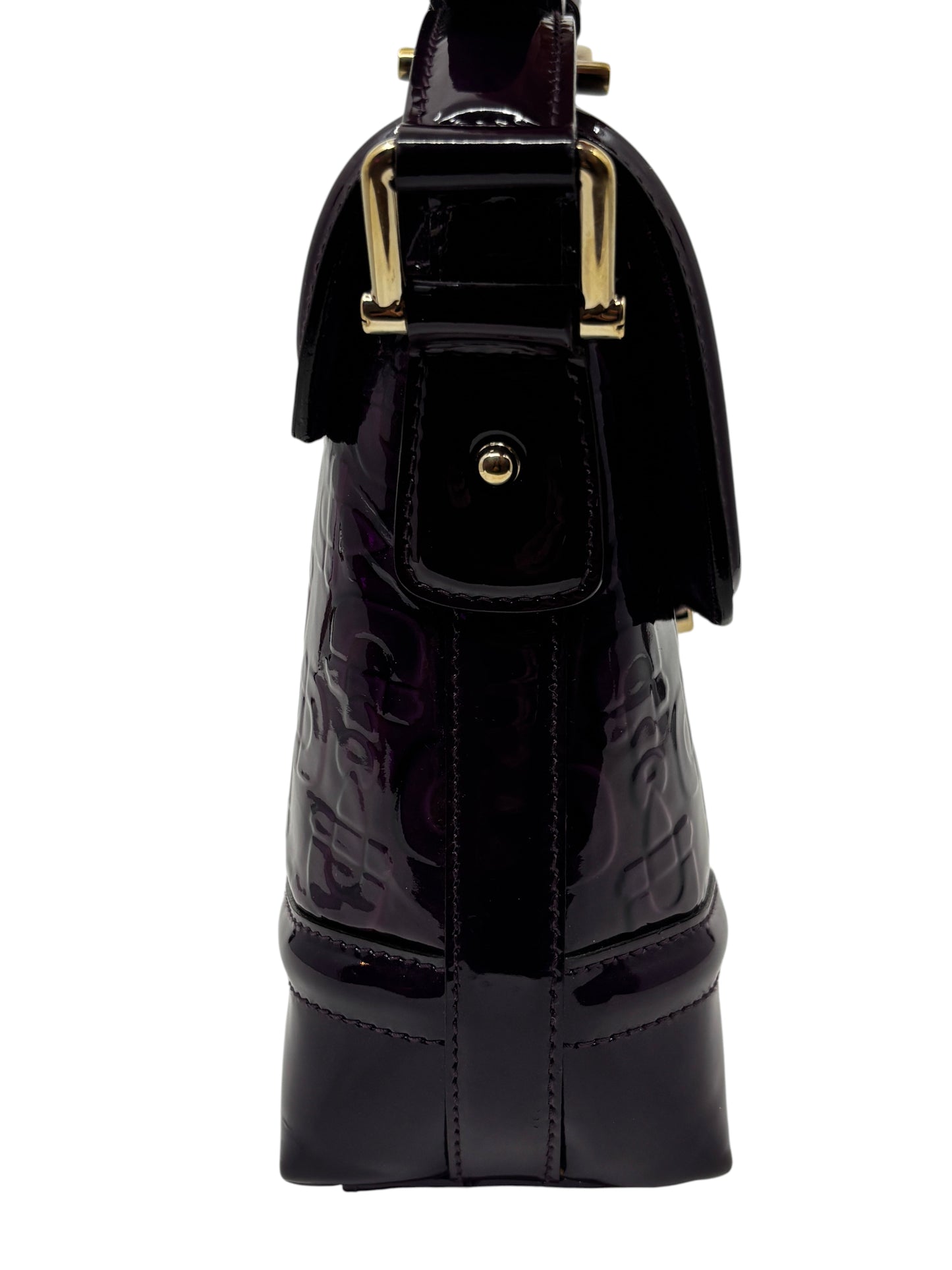 Posh Purse Co. purple patent leather Gucci Horsebit Treasure bag side view with gold hardware details.