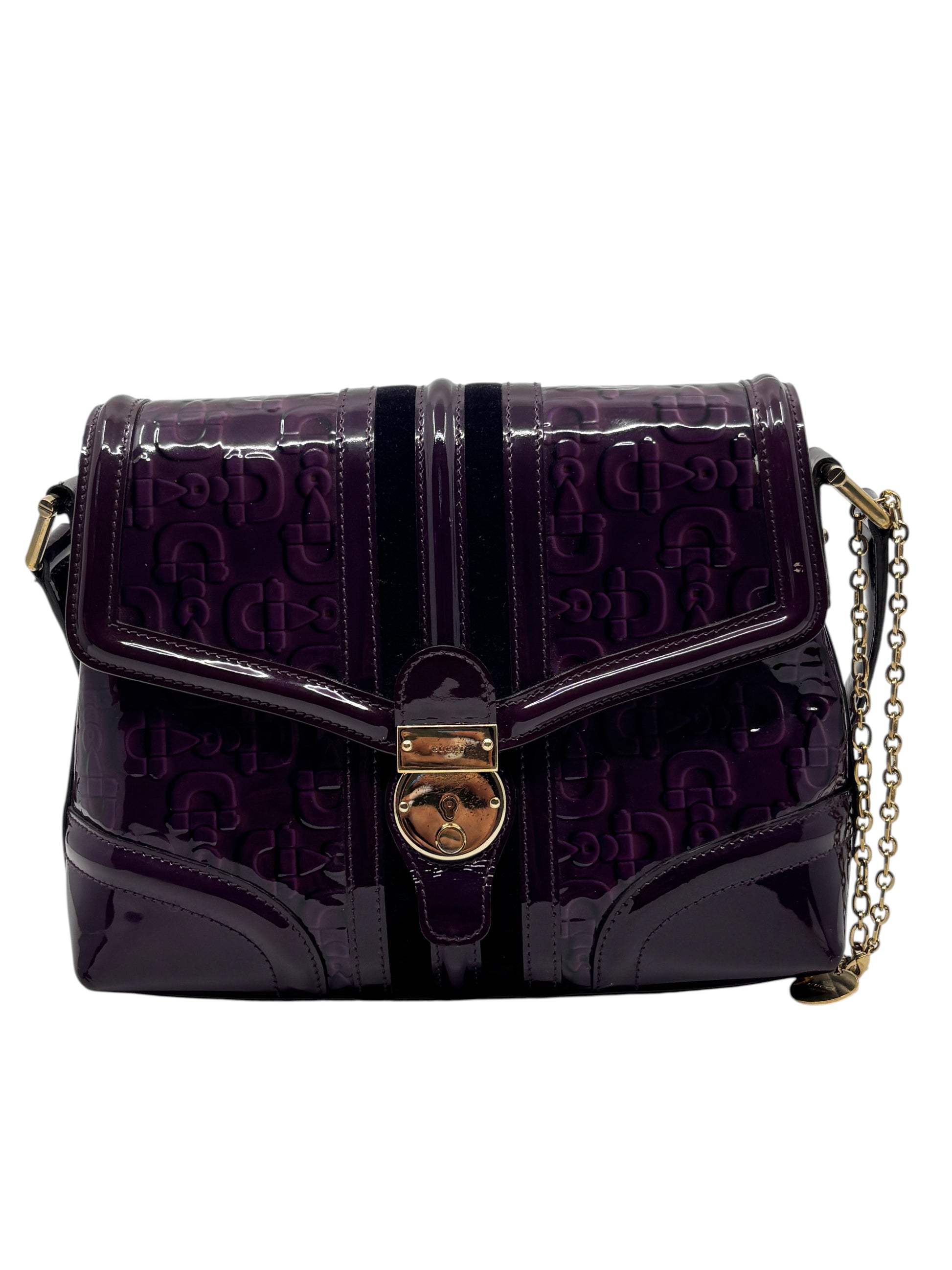 Posh Purse Co. preloved purple patent leather Gucci Horsebit Treasure bag with gold chain strap and logo hardware.