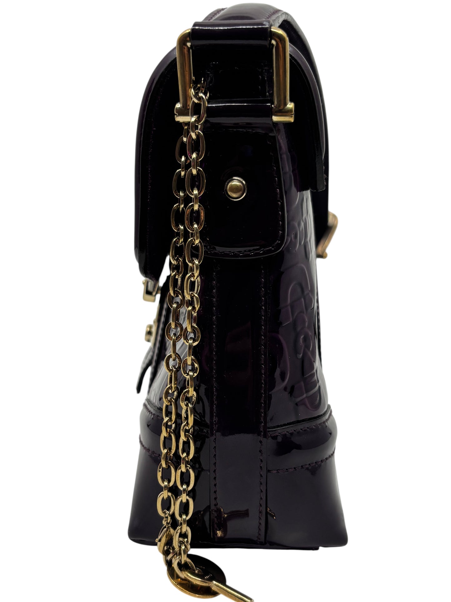Posh Purse Co. preloved purple patent leather Gucci Horsebit Treasure bag side view with gold chain detail