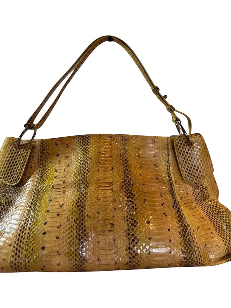 Posh Purse Co. tan and brown python leather Marisa shoulder bag with gold-tone hardware and Gancini accent.
