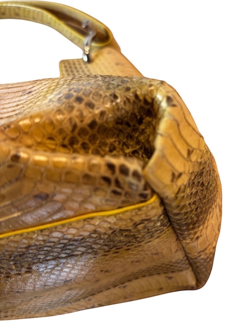 Posh Purse Co. tan and brown python leather Marisa shoulder bag with gold hardware and yellow trim.