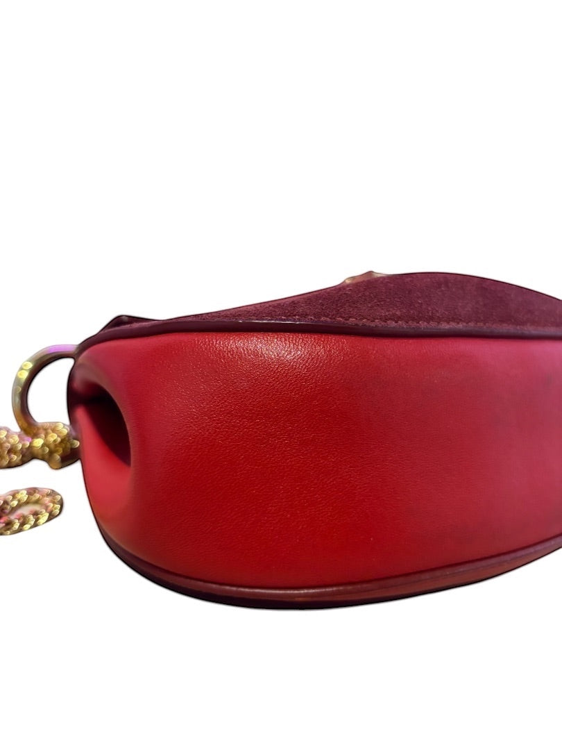 Posh Purse Co. small red leather and suede Chloe Drew bag with gold chain detail.
