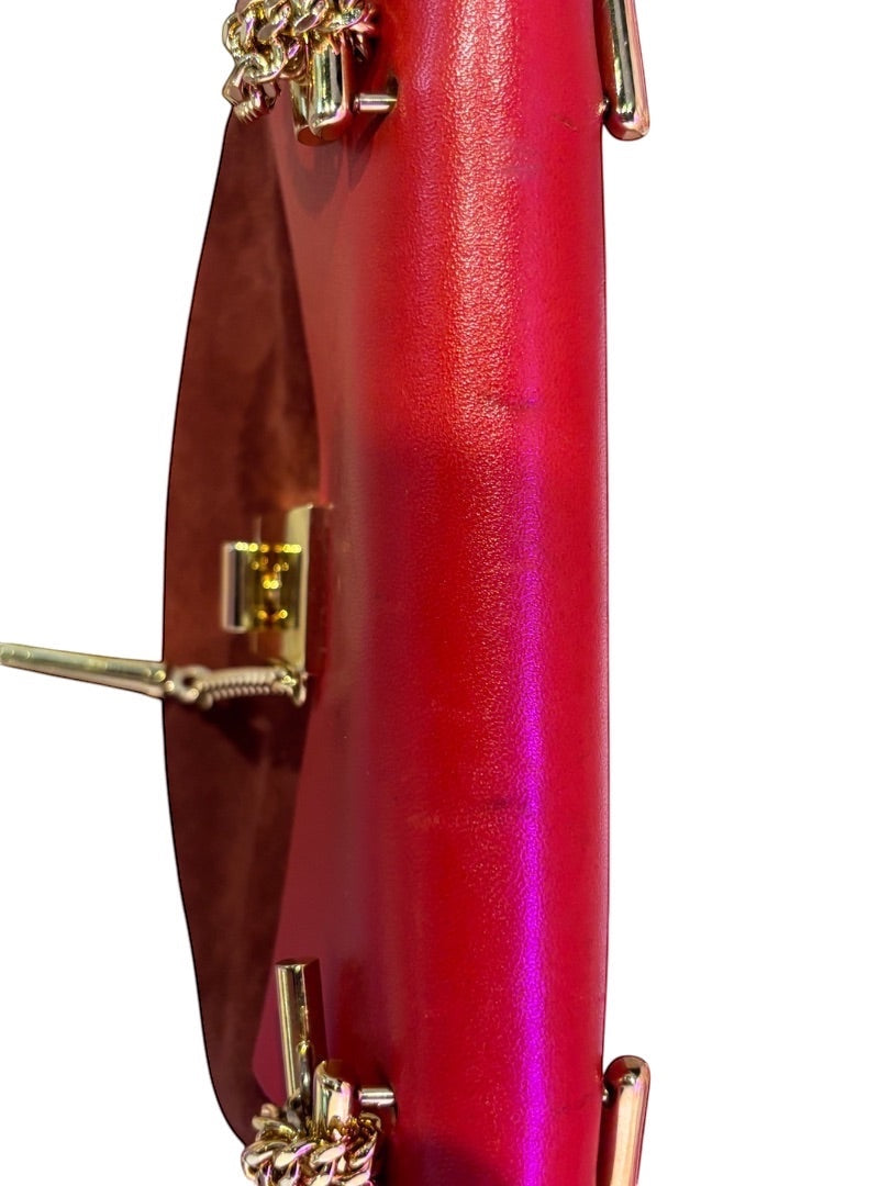 Posh Purse Co. small red leather and suede Chloe Drew bag with gold hardware and chain closure.