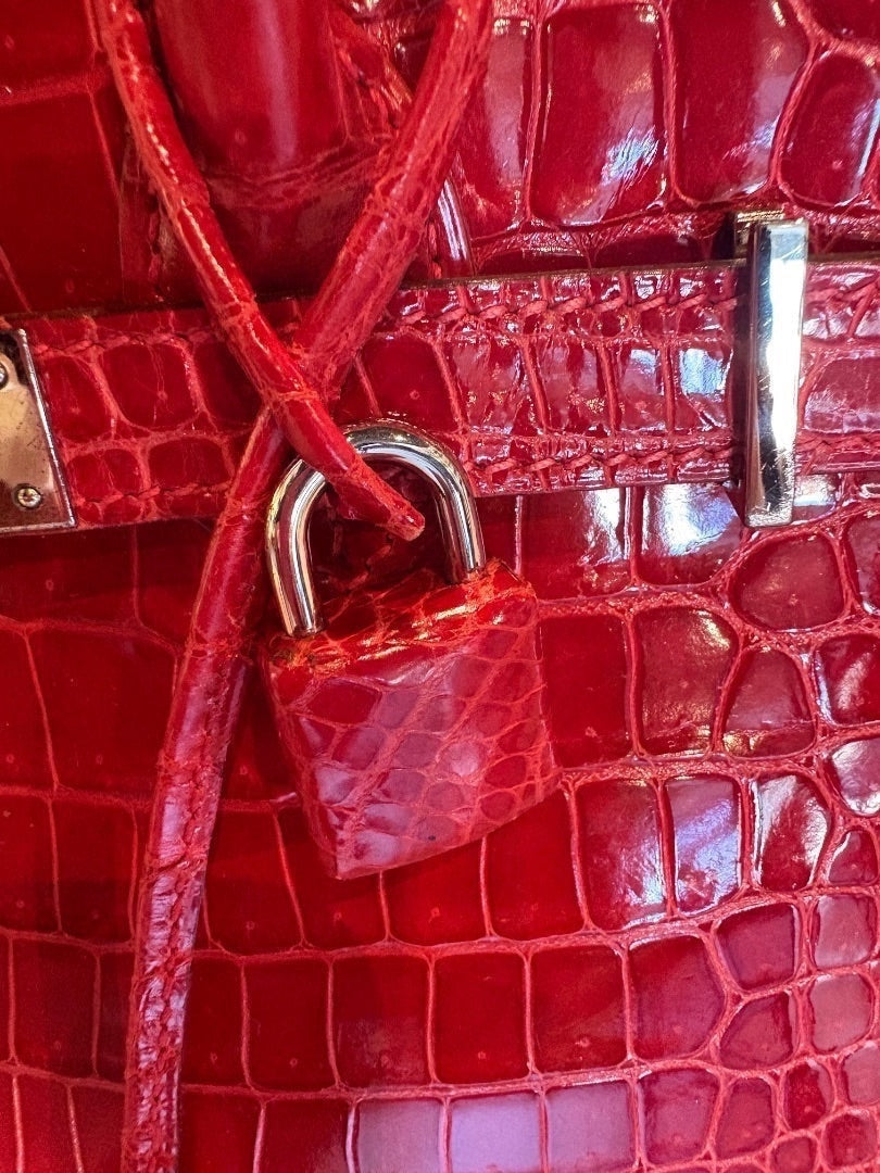 Posh Purse Co rare red crocodile Birkin 30 handbag with palladium hardware and lock.