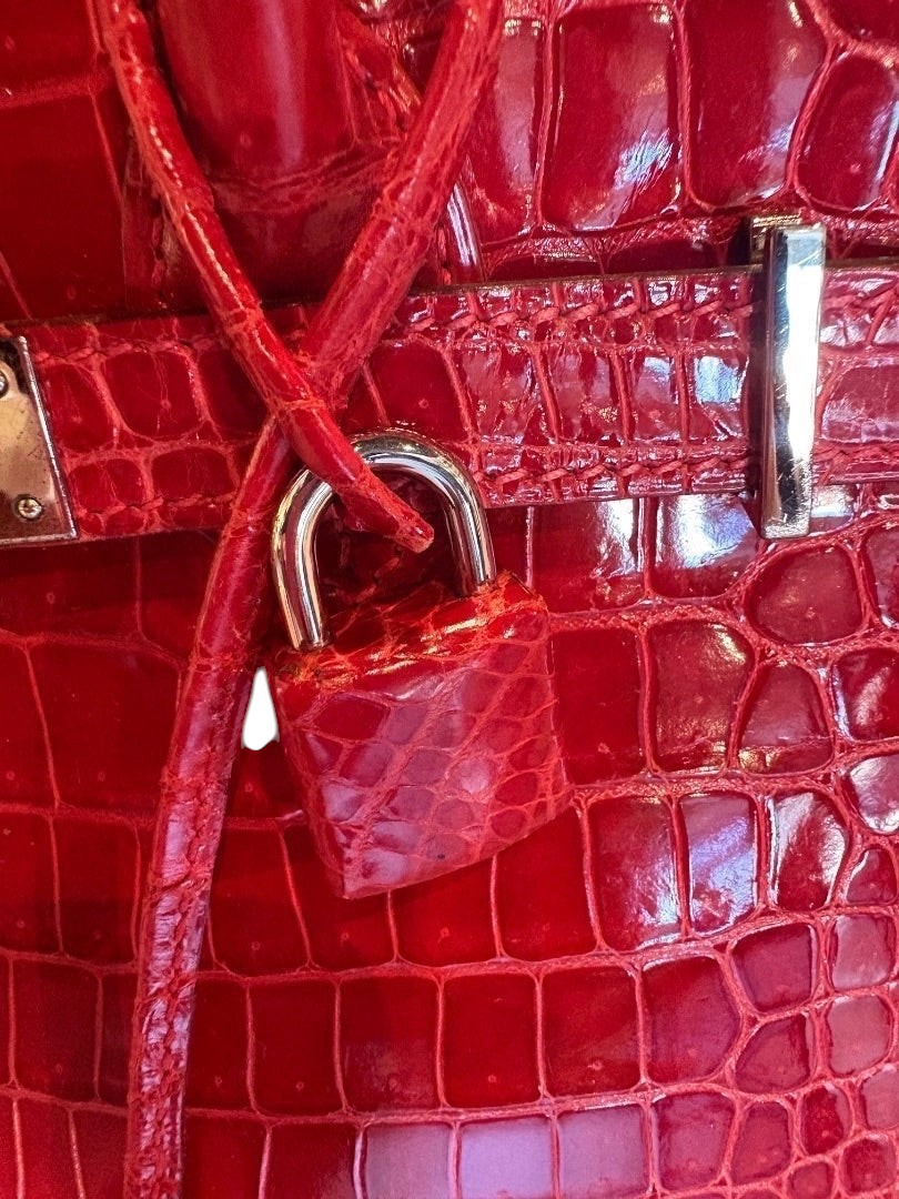 Posh Purse Co rare red crocodile Birkin 30 handbag with palladium hardware and lock.