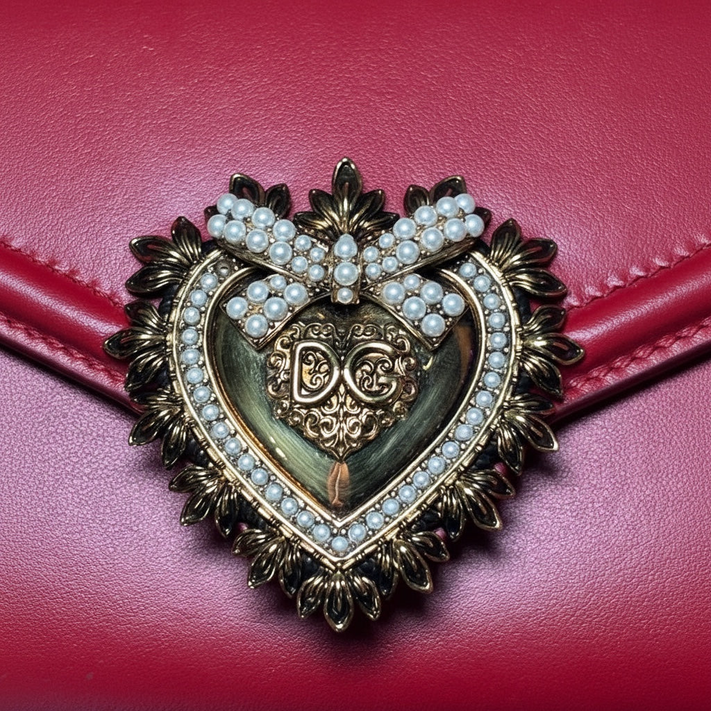 Posh Purse Co. red leather Dolce & Gabbana Devotion belt bag with gold heart emblem and pearl details.