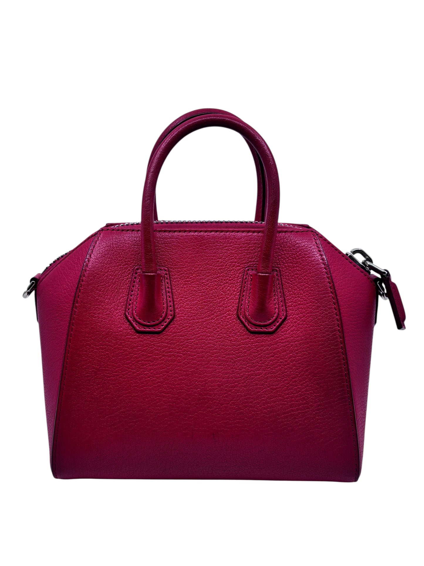 Posh Purse Co red Givenchy Mini Antigona handbag with a structured silhouette and pebbled leather texture.