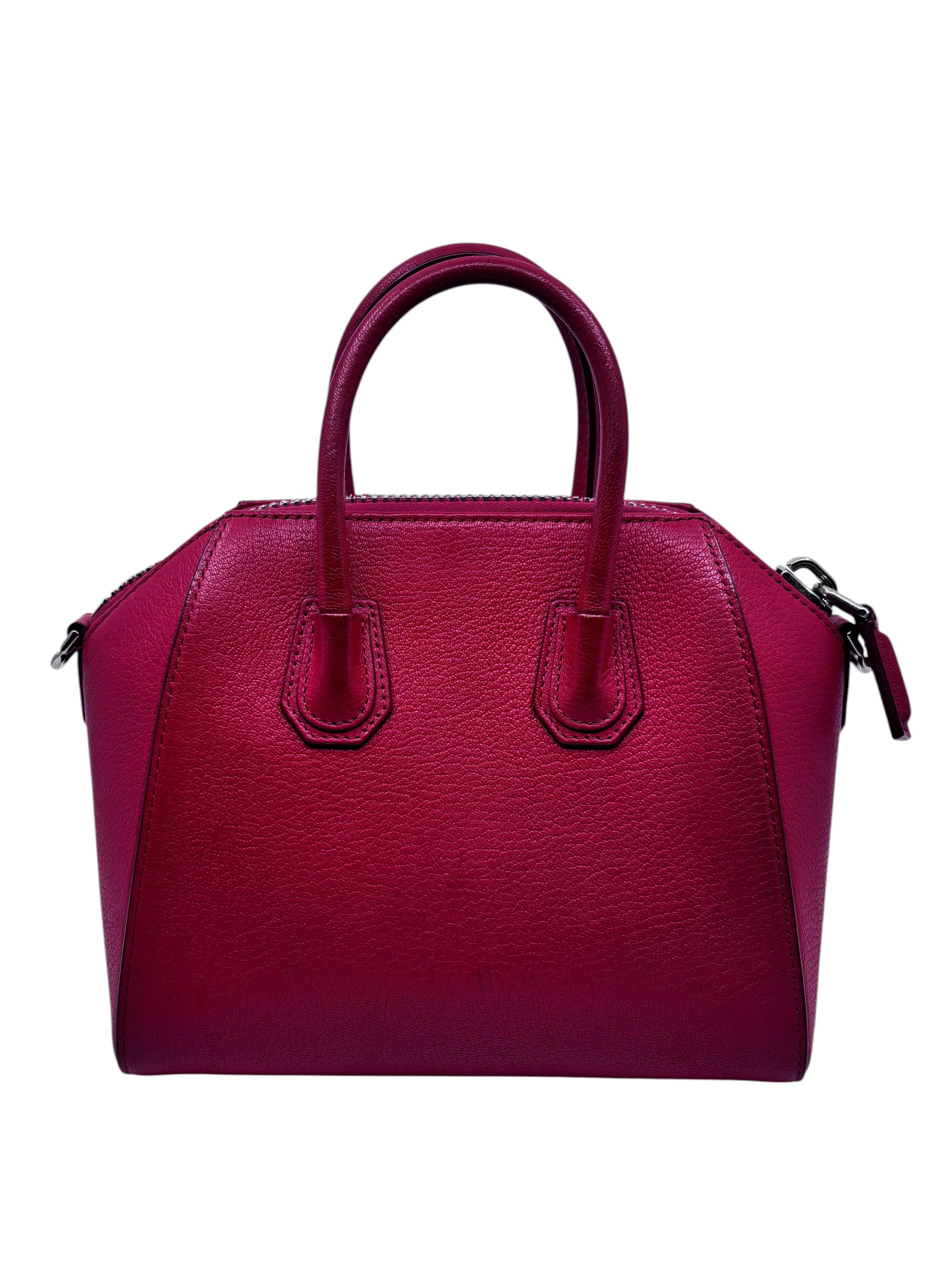 Posh Purse Co red Givenchy Mini Antigona handbag with a structured silhouette and pebbled leather texture.