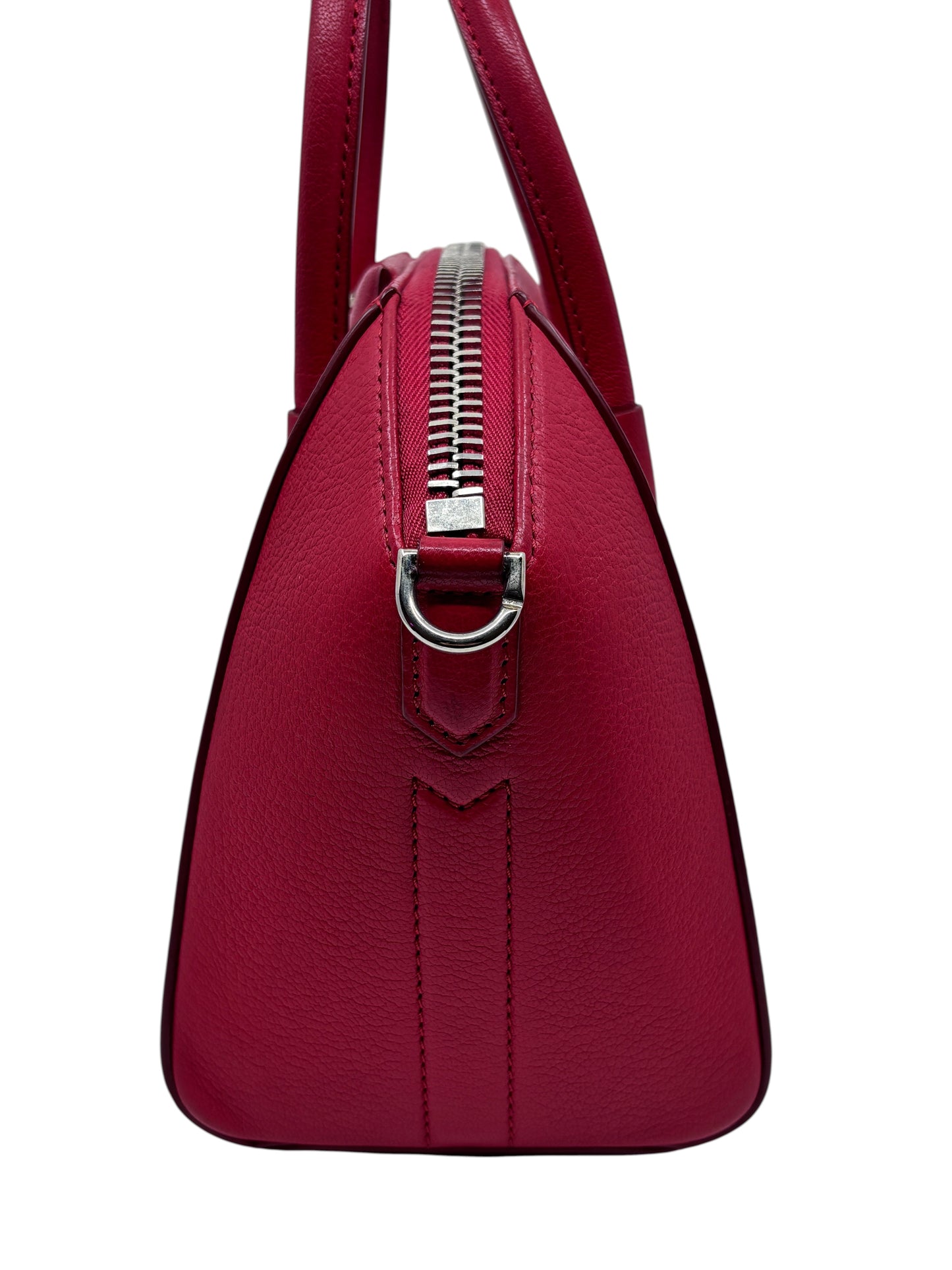Posh Purse Co red Givenchy Mini Antigona handbag side view showing structured leather and silver zipper hardware