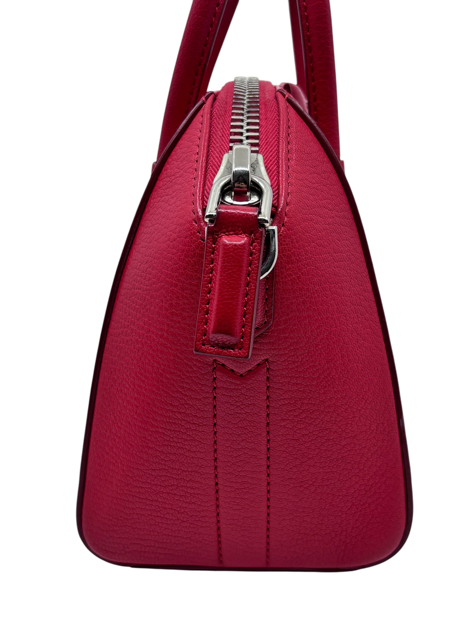 Posh Purse Co red Givenchy Mini Antigona handbag side profile showing structured leather and silver zipper detail