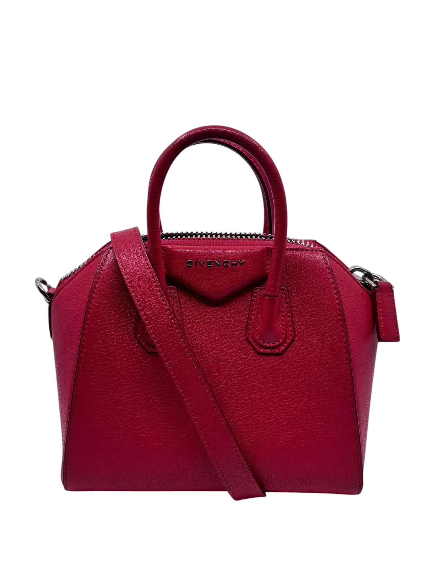 Posh Purse Co red Givenchy Mini Antigona handbag with a structured silhouette and signature logo detail.