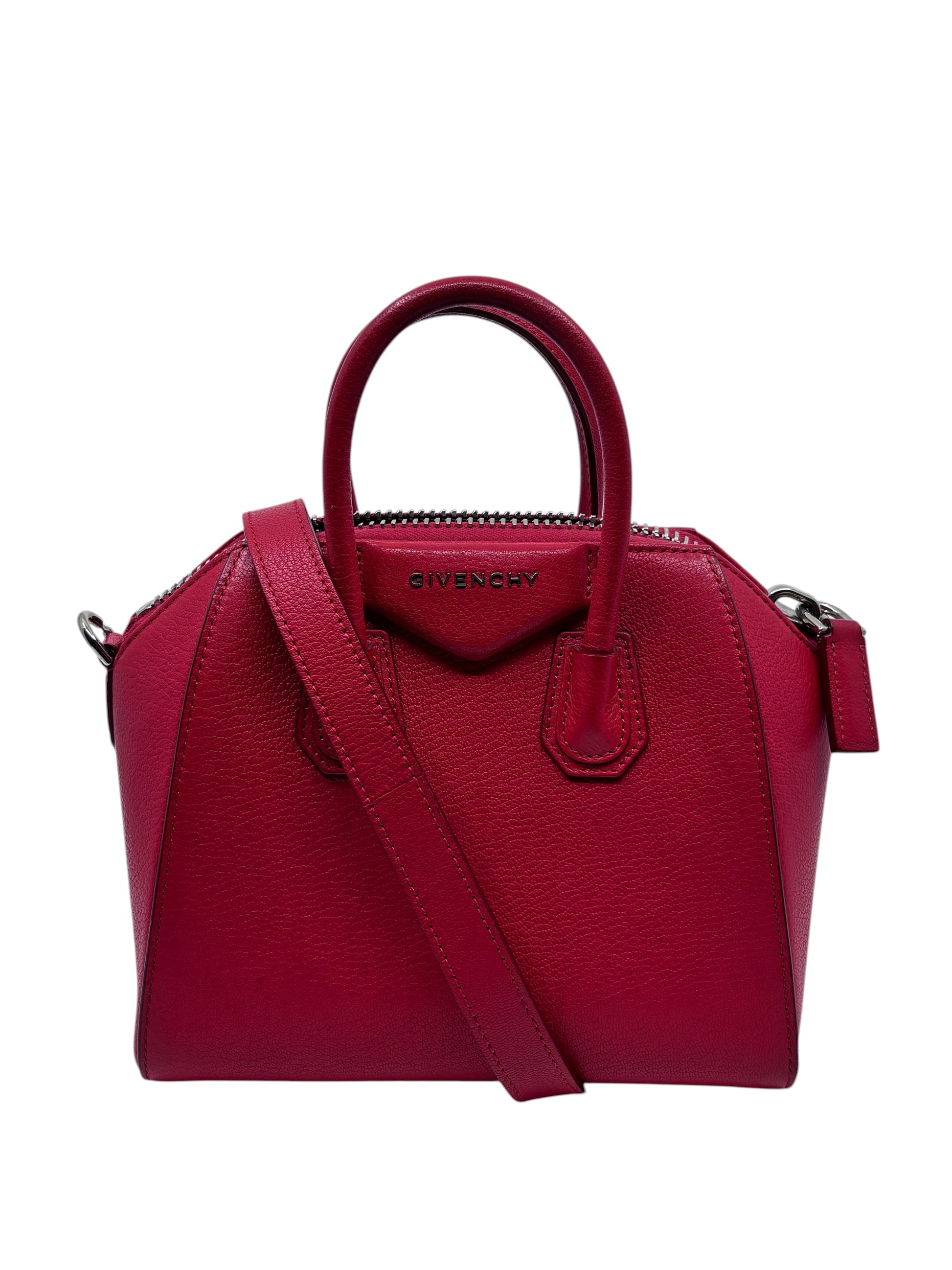 Posh Purse Co red Givenchy Mini Antigona handbag with a structured silhouette and signature logo detail.