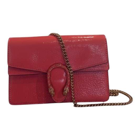Posh Purse Co. red patent leather Gucci Mini Dionysus crossbody bag with antique silver tiger head closure and chain strap.