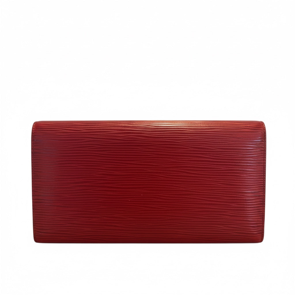 Posh Purse Co red Louis Vuitton Epi leather wallet with textured finish and gold hardware.