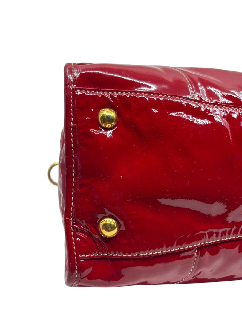 Posh Purse Co. red Prada Vernice patent leather shoulder bag base with gold-tone protective feet