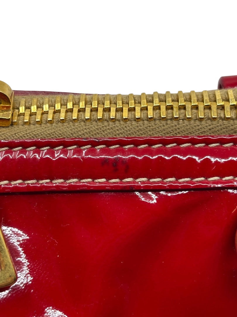Posh Purse Co. Prada Vernice shoulder bag in red patent leather with gold zipper detail and contrast stitching