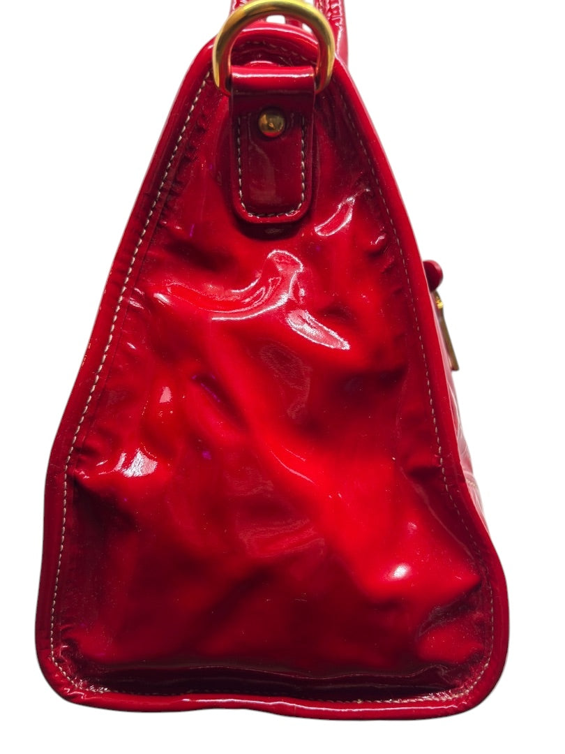 Posh Purse Co. red Prada Vernice patent leather shoulder bag side profile with gold hardware detail