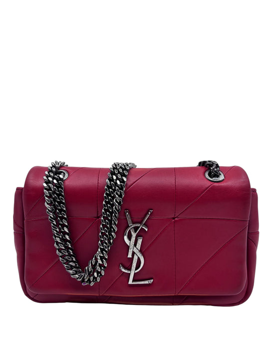 Posh Purse Co. red Saint Laurent Jamie crossbody bag with quilted leather, silver hardware, and YSL logo emblem.