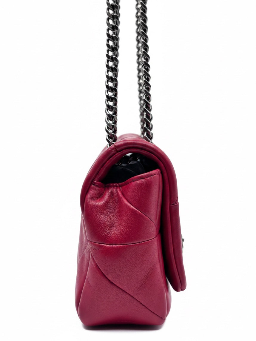 Side view of a red Saint Laurent Jamie crossbody bag with a chain strap from Posh Purse Co.