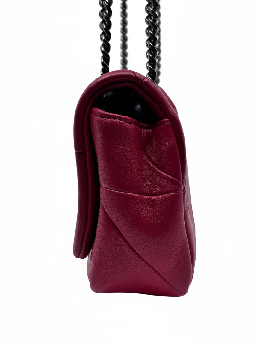 Posh Purse Co. red Saint Laurent Jamie crossbody bag featuring soft leather and a dark chain strap, side view.