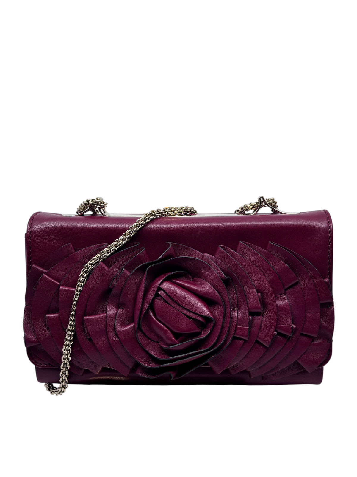 Posh Purse Co. preloved red Valentino flower crossbody bag with a removable chain strap and floral leather detailing.