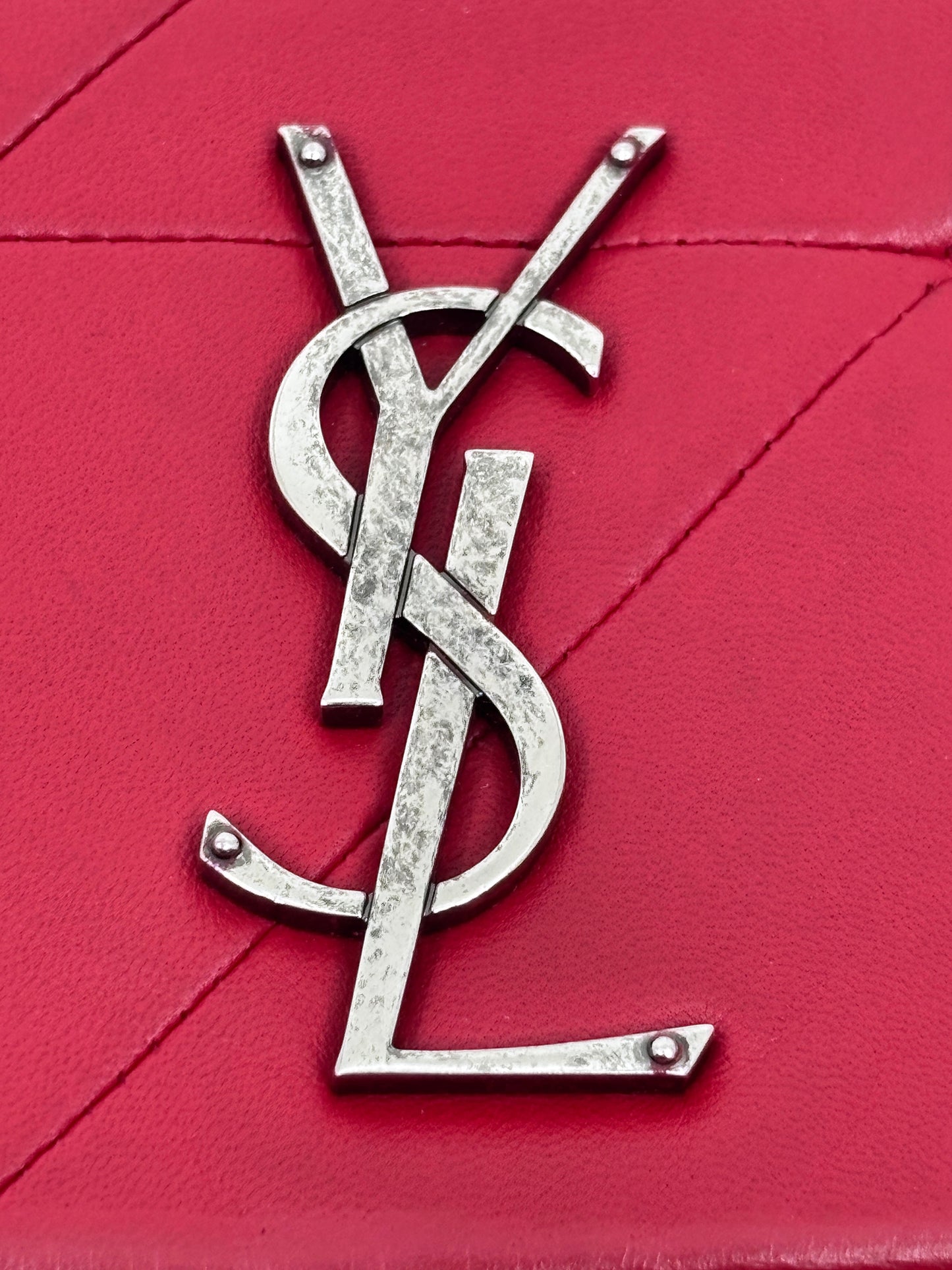 Posh Purse Co. red Saint Laurent Jamie bag featuring the iconic silver YSL logo hardware on quilted leather.