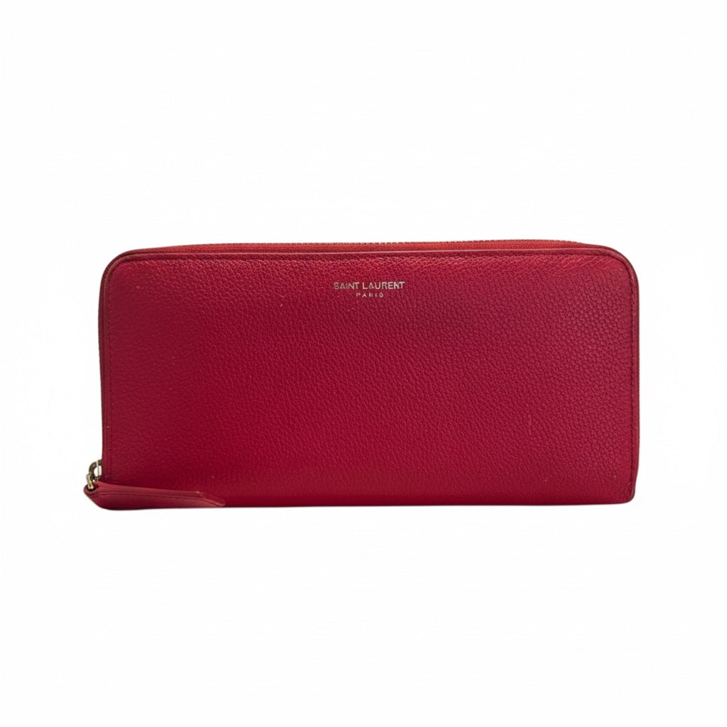 Posh Purse Co Saint Laurent pink leather zip around wallet with gold hardware and interior organization.