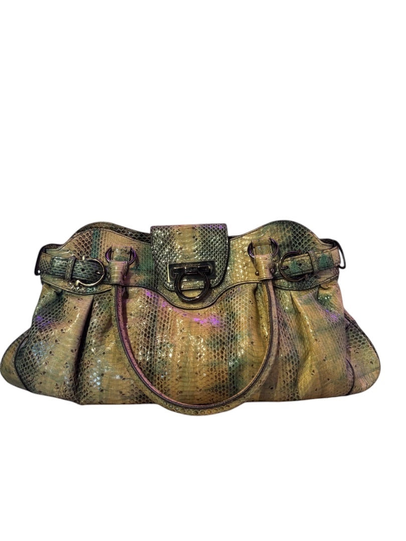 Posh Purse Co. Salvatore Ferragamo Marisa python shoulder bag with gold Gancini hardware and adjustable straps.
