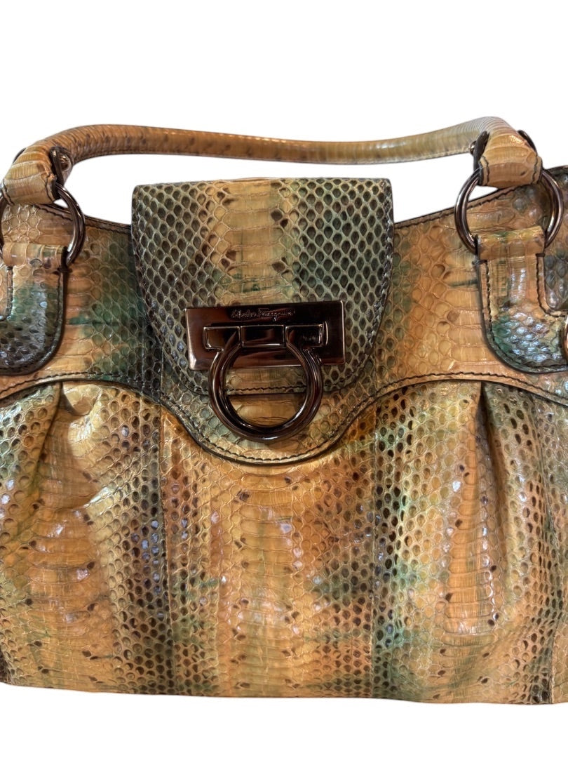 Posh Purse Co. Salvatore Ferragamo Marisa python shoulder bag in tan, green, and brown with gold hardware and Gancini accent.