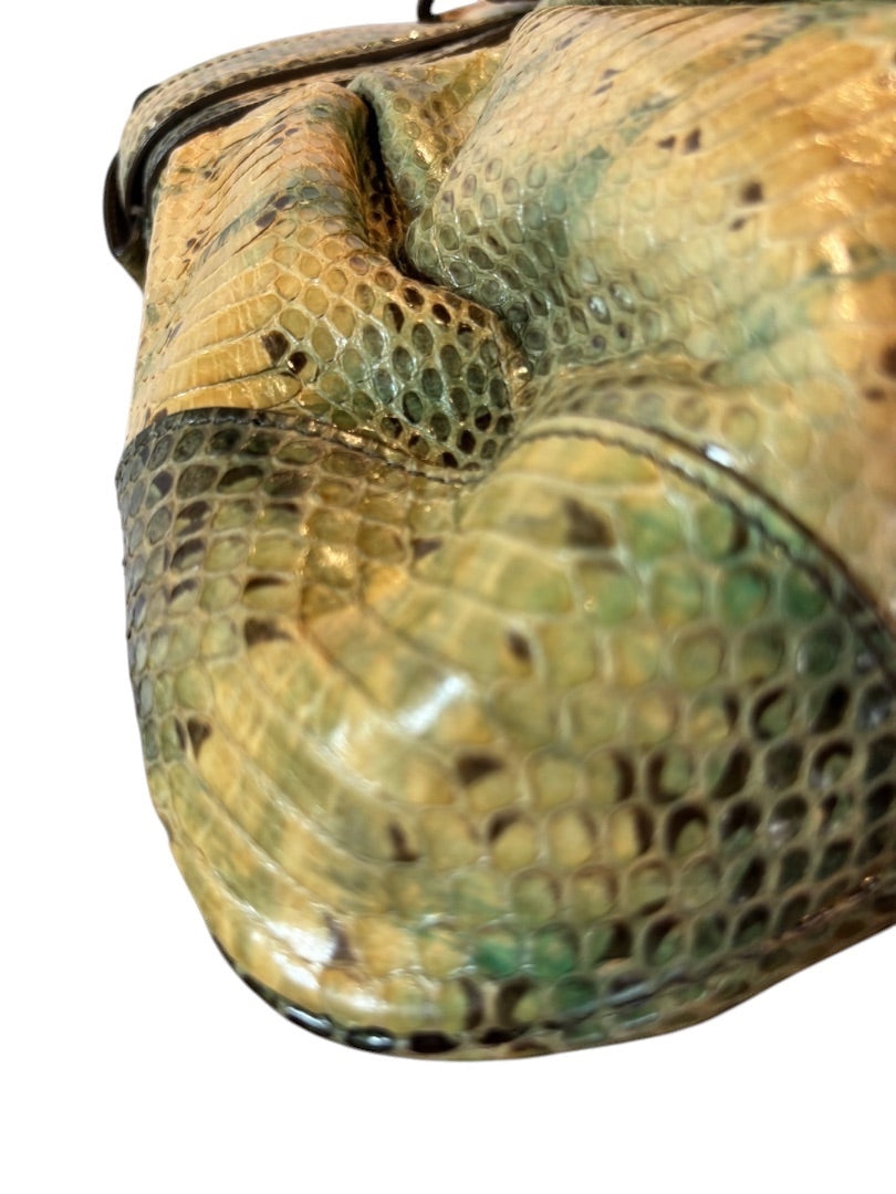 Posh Purse Co. Salvatore Ferragamo Marisa shoulder bag in natural python leather with green and tan tones.