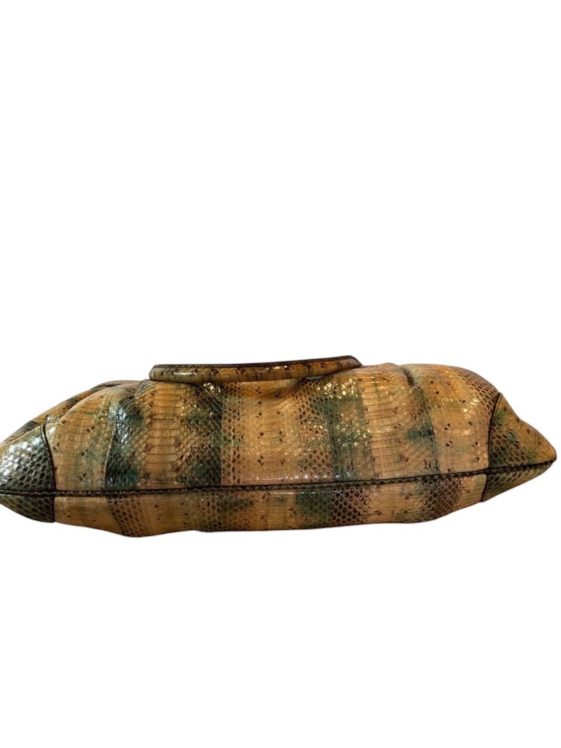 Posh Purse Co. Salvatore Ferragamo Marisa shoulder bag in tan and green python leather with gold hardware.