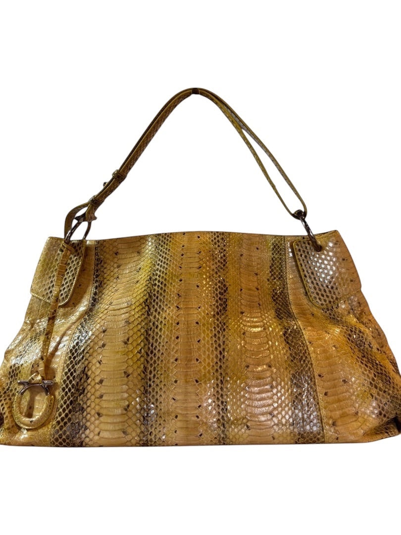 Posh Purse Co. Salvatore Ferragamo Marisa shoulder bag in yellow and black python leather with gold Gancini hardware.