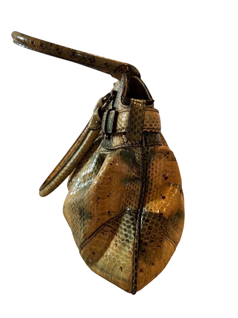 Posh Purse Co. Salvatore Ferragamo Marisa shoulder bag in tan and brown python leather with gold-tone hardware.