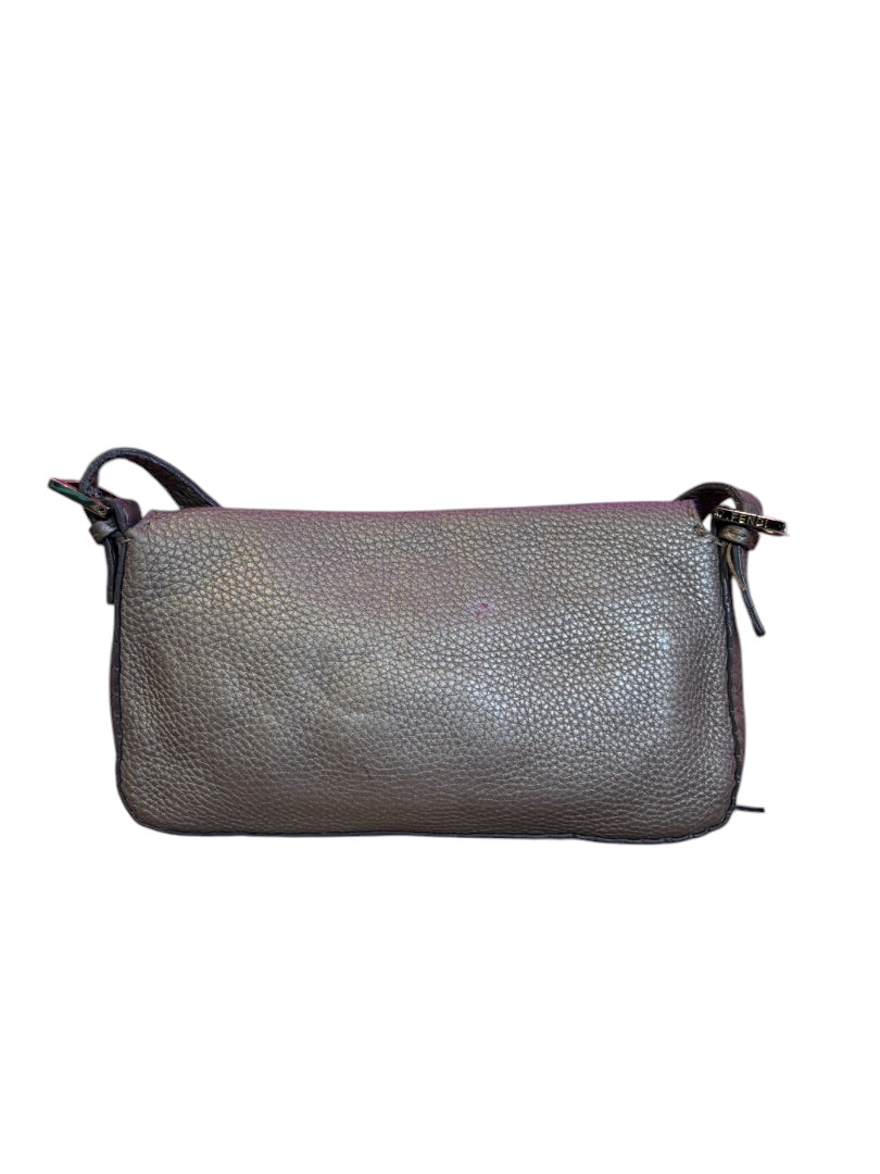 Posh Purse Co. preloved silver metallic leather Fendi Baguette shoulder bag with FF logo hardware.