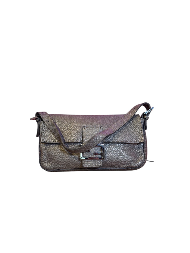 Posh Purse Co. silver metallic leather Fendi Baguette handbag with FF logo hardware and adjustable strap.