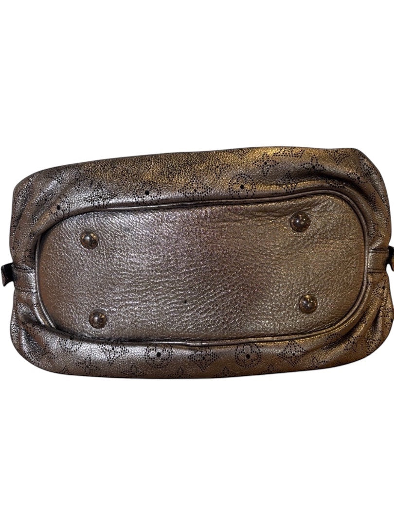 Posh Purse Co silver Louis Vuitton XS Mahina leather crossbody bag with Monogram perforation and protective feet.
