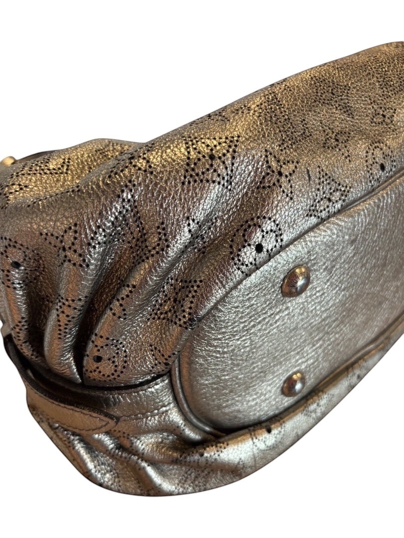 Posh Purse Co silver Louis Vuitton XS Mahina perforated leather crossbody bag with Monogram detailing.