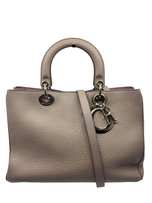 Posh Purse Co tan Dior Diorissimo leather tote with rolled handles and signature silver letter charms