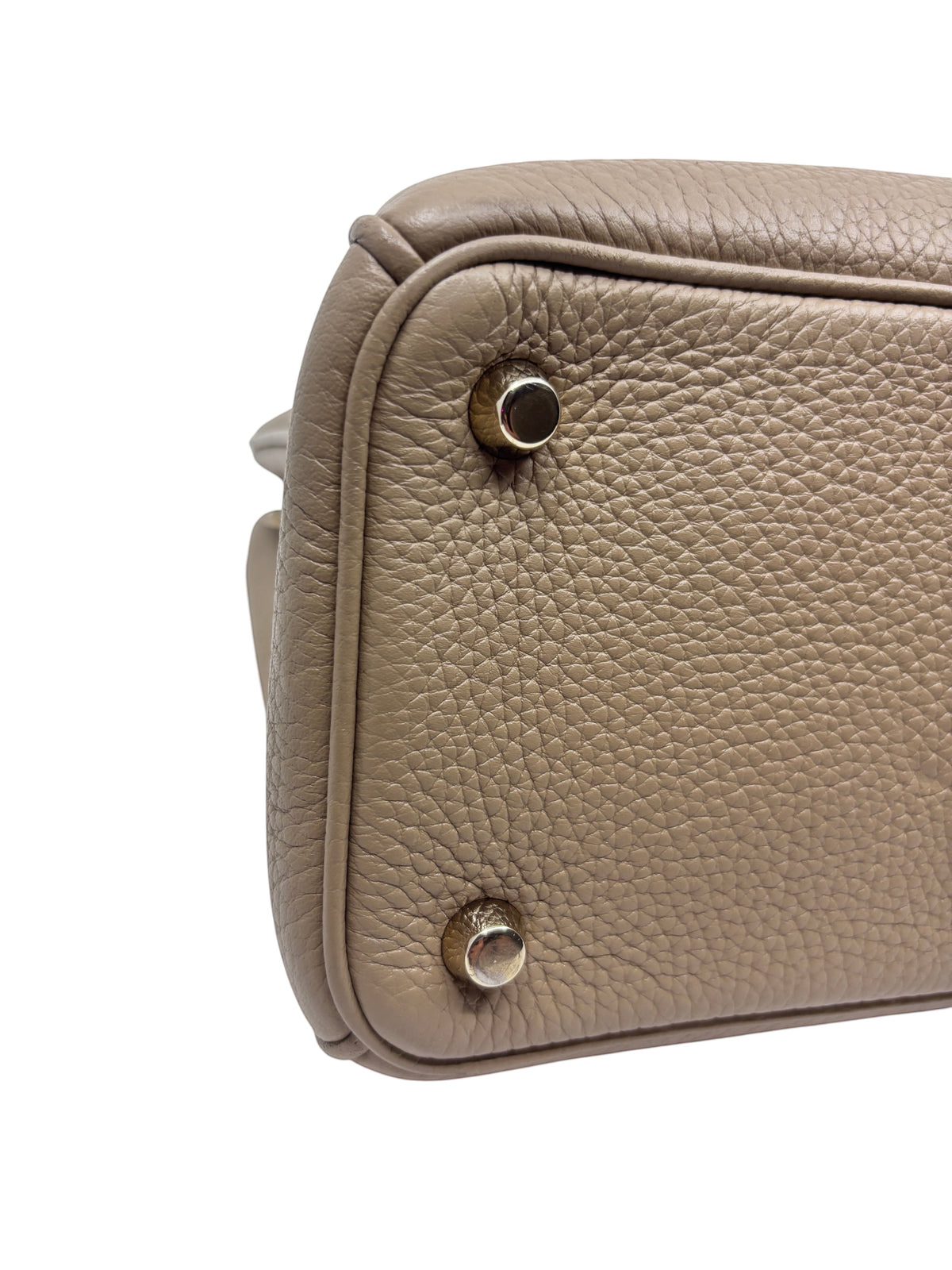 Posh Purse Co tan Dior Diorissimo leather tote bag base with protective metal feet and pebbled leather texture