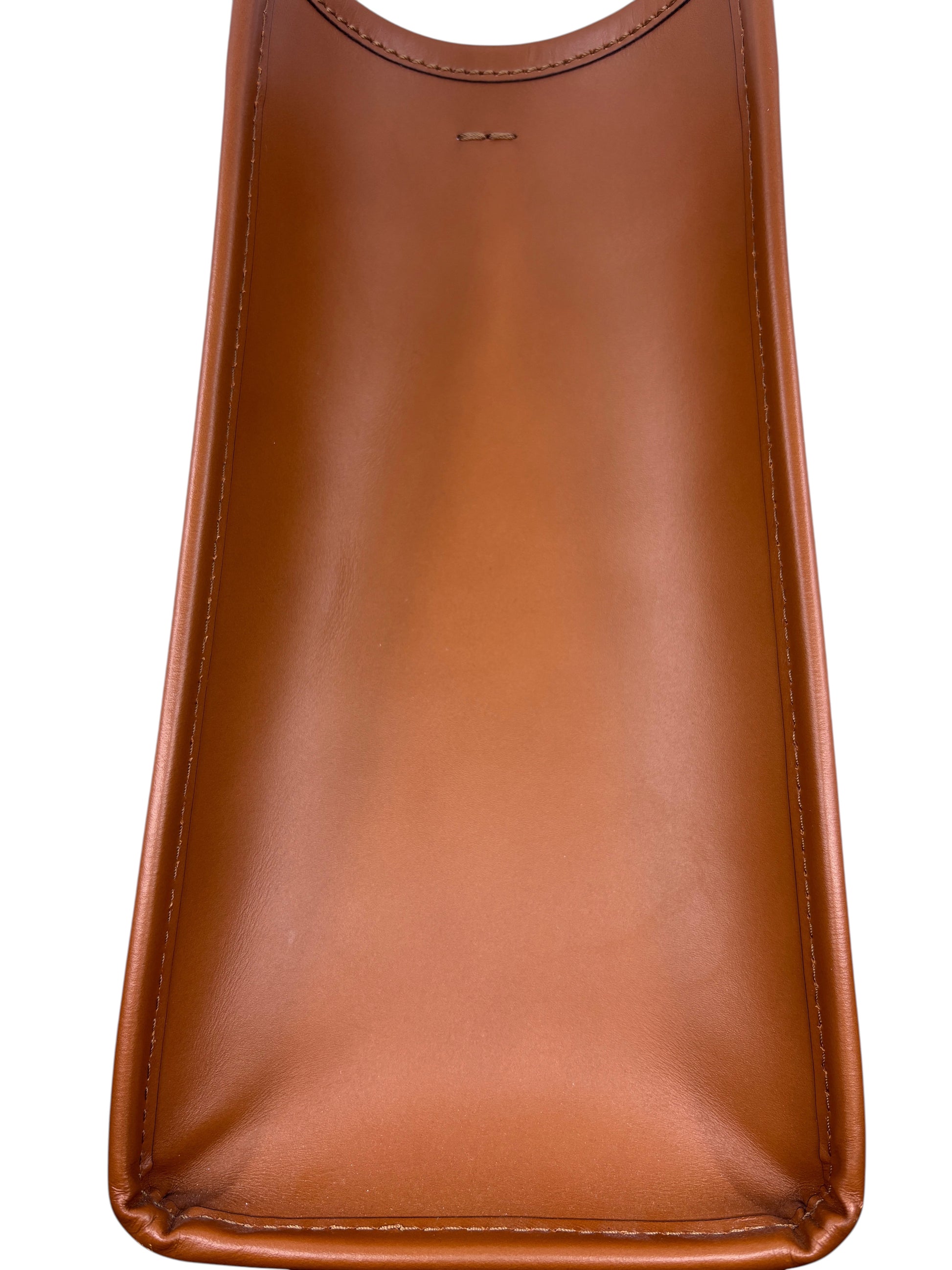 Posh Purse Co tan leather Fendi Sunshine bag base view showing smooth texture and structured stitching