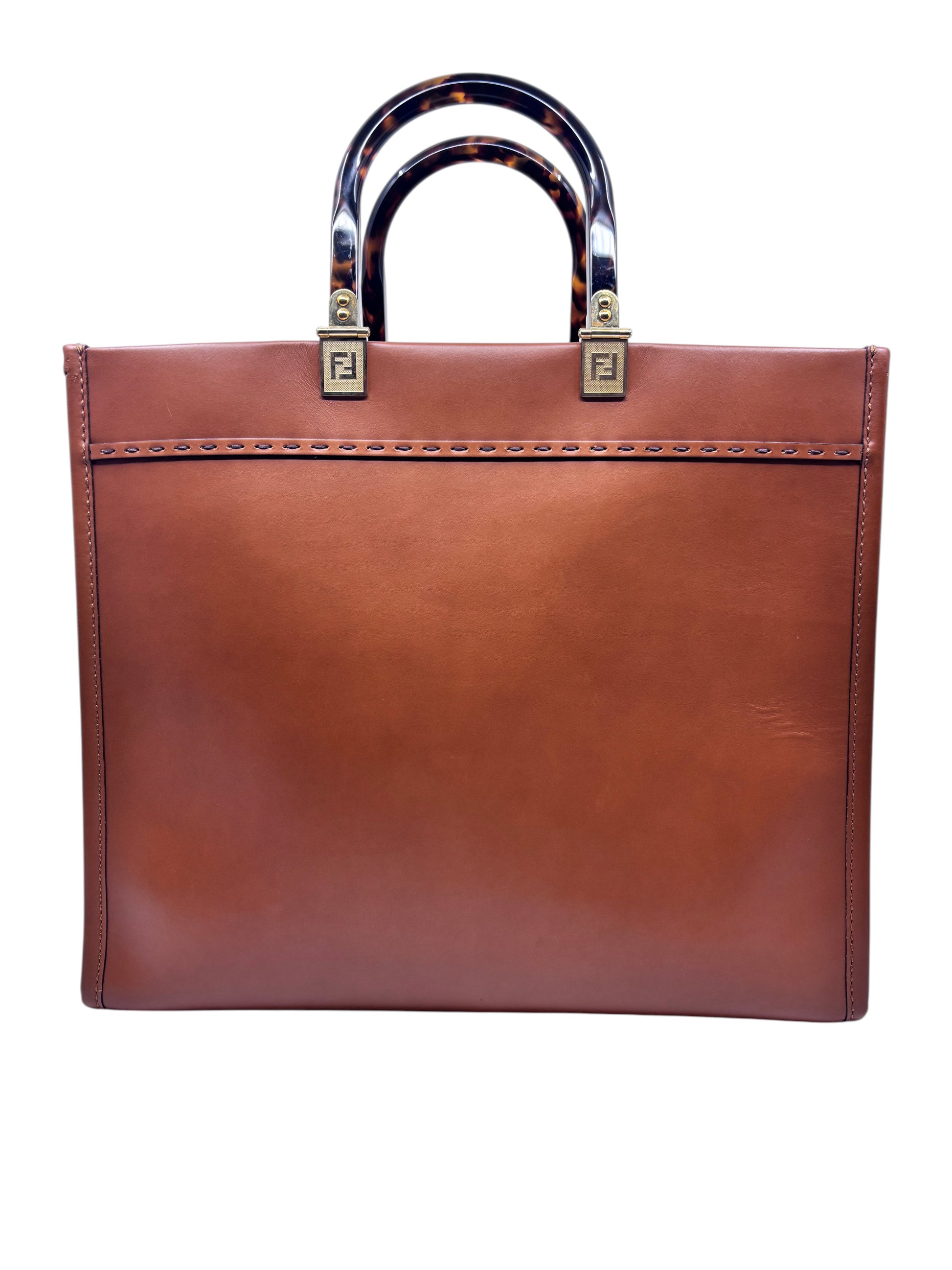 Posh Purse Co tan Fendi Sunshine tote bag with structured leather design and tortoiseshell top handles