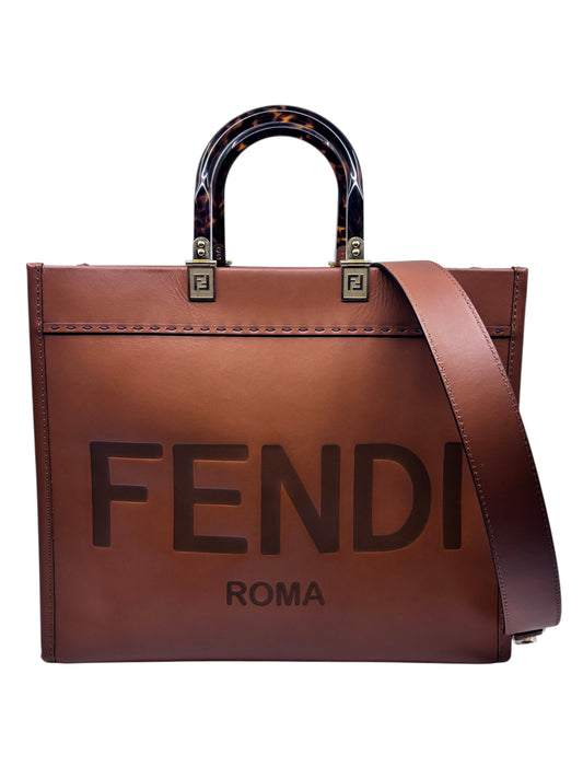 Posh Purse Co tan Fendi Sunshine tote bag with tortoiseshell handles and embossed logo on a white background