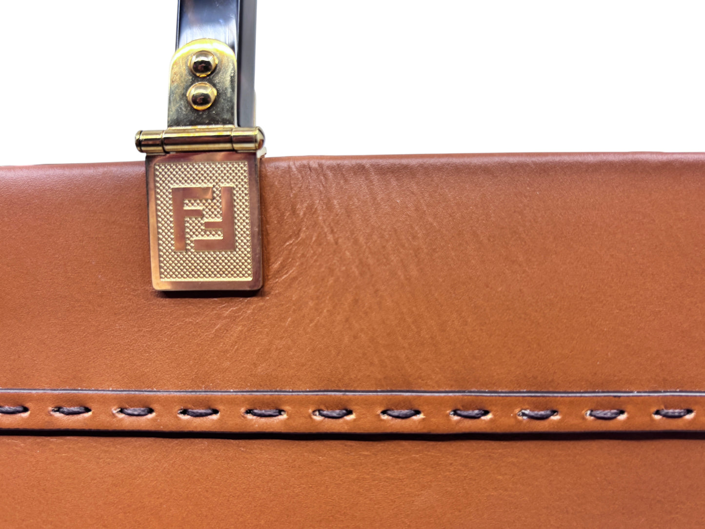 Posh Purse Co tan Fendi Sunshine tote bag featuring gold hardware with signature Fendi logo and contrast stitching