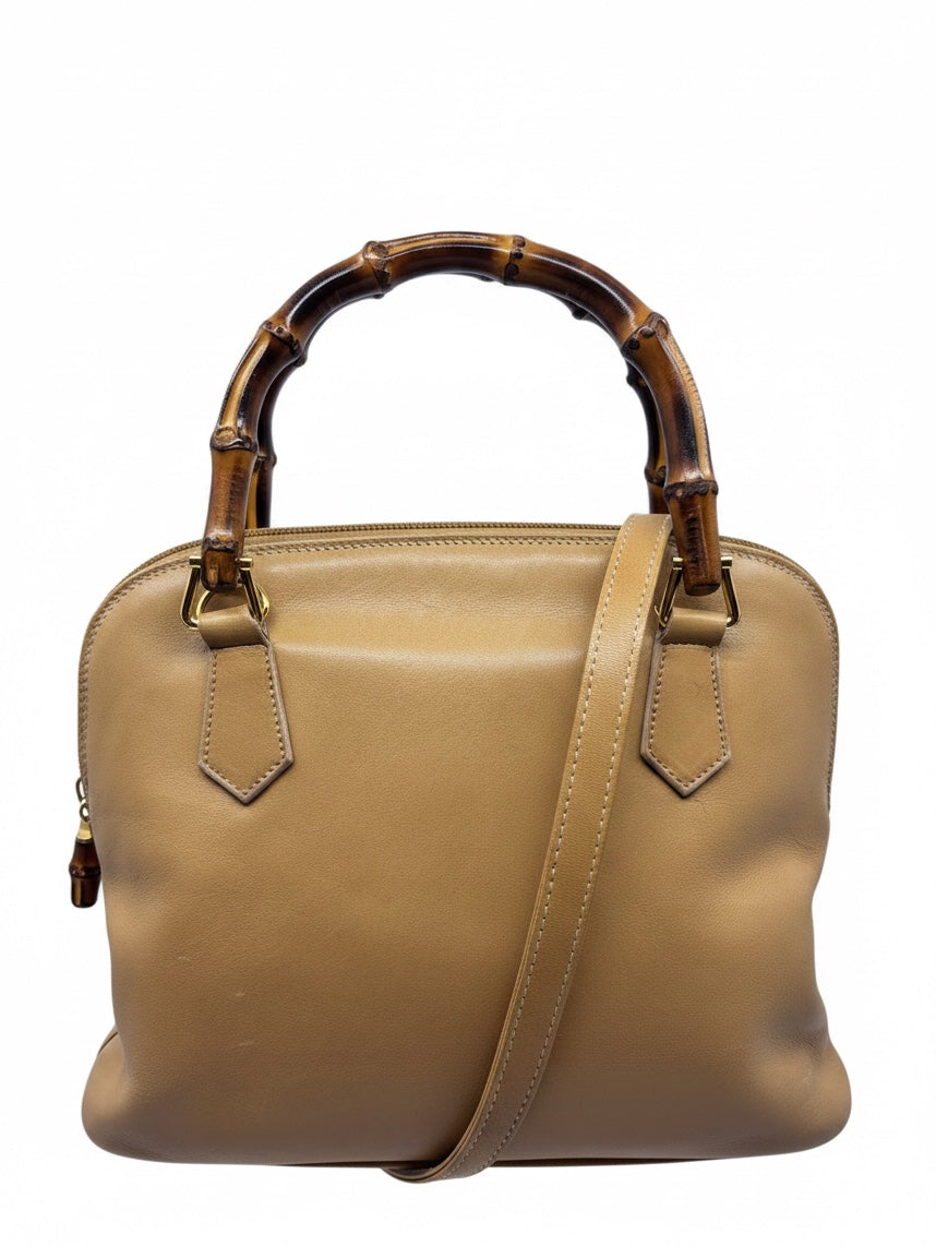 Posh Purse Co preloved tan leather Gucci satchel handbag with iconic bamboo handle and gold hardware