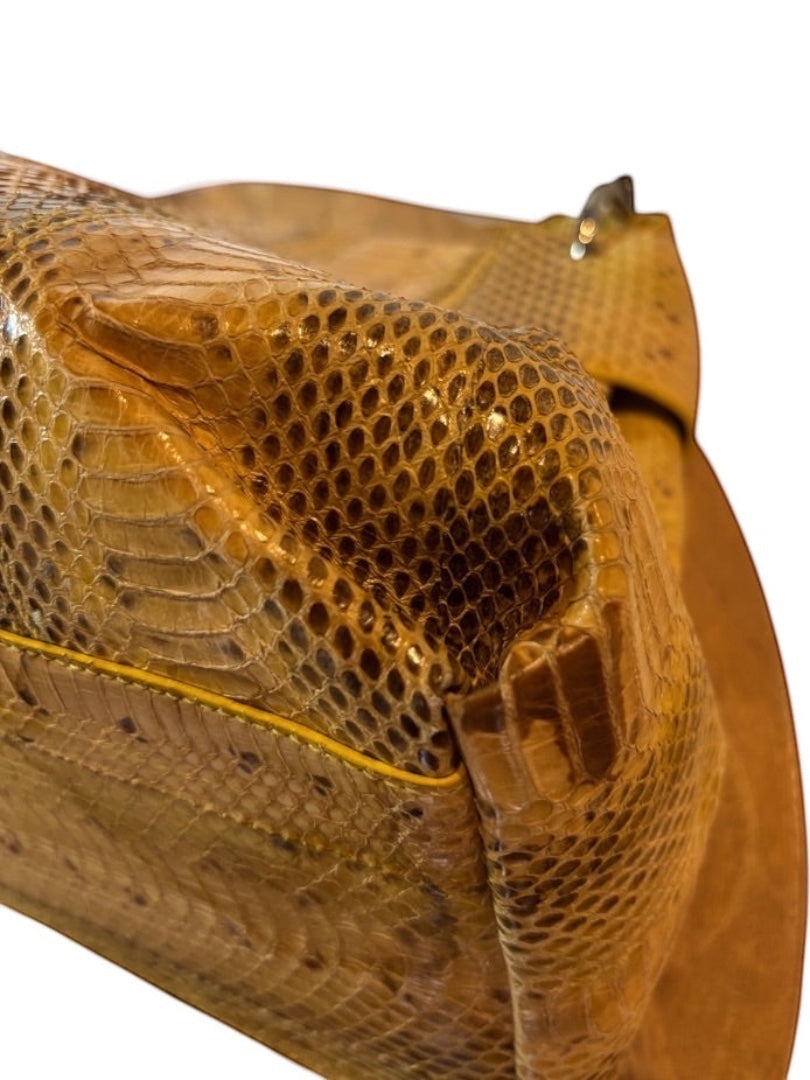 Posh Purse Co. tan python leather Salvatore Ferragamo Marisa shoulder bag with gold-tone hardware and yellow stitching.