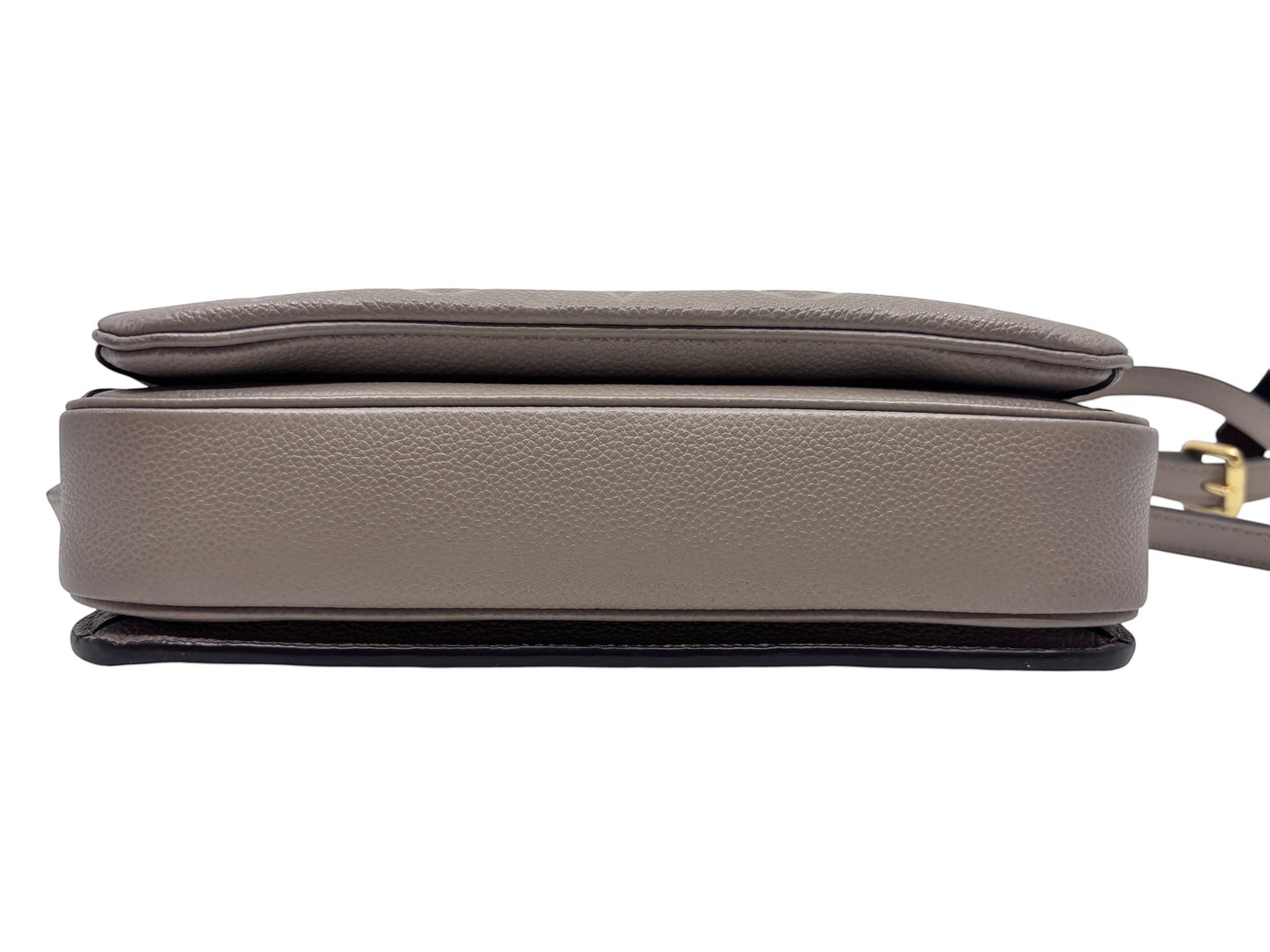Posh Purse Co Louis Vuitton Pochette Metis in turtledove beige embossed leather, viewed from the side profile.