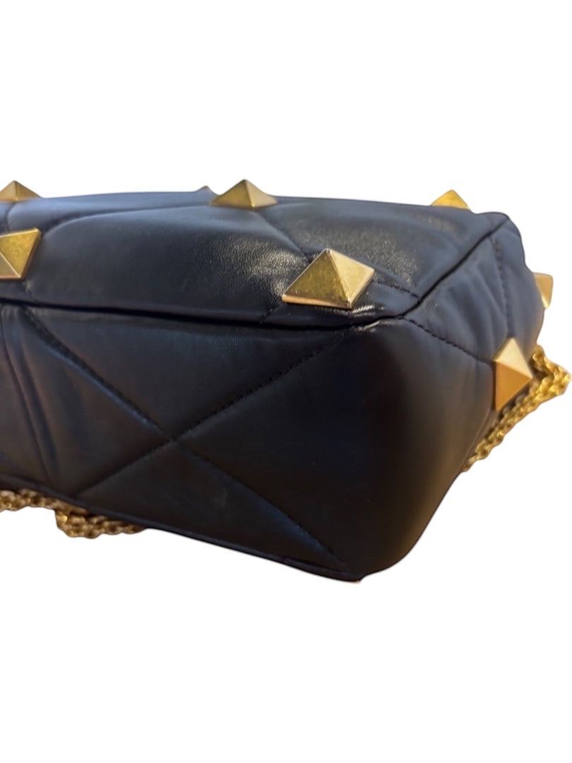 Posh Purse Co black nappa leather Valentino Roman Stud handbag with gold pyramid studs and chain strap.