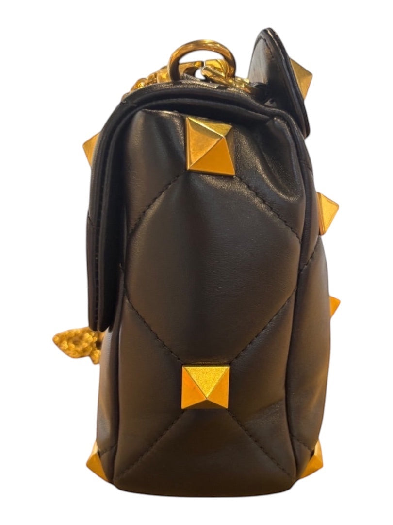 Posh Purse Co black nappa leather Valentino Roman Stud handbag with gold pyramid studs and quilted design.